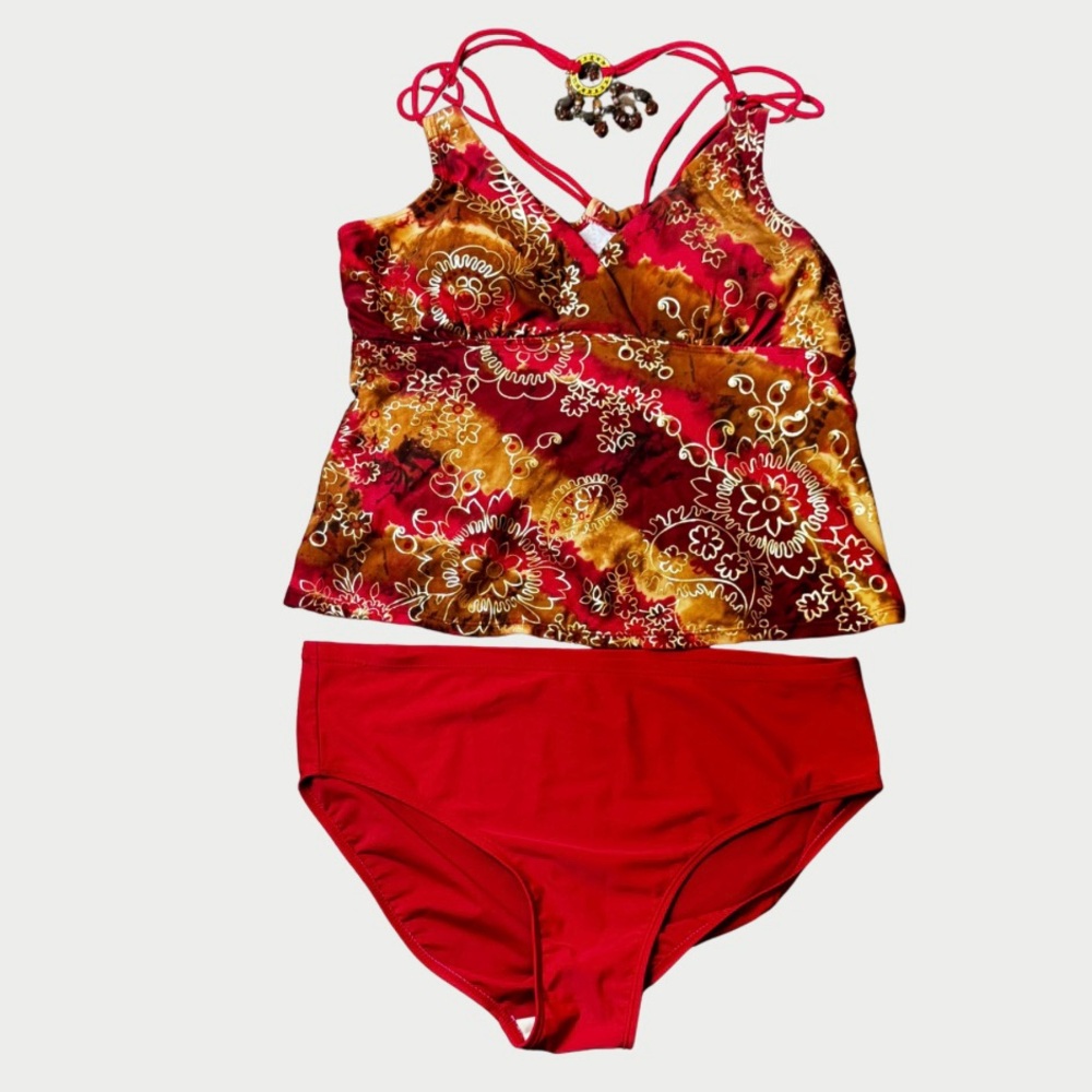 Tankini Rich Red, Gold & Brown Floralwith Jewelry Accent